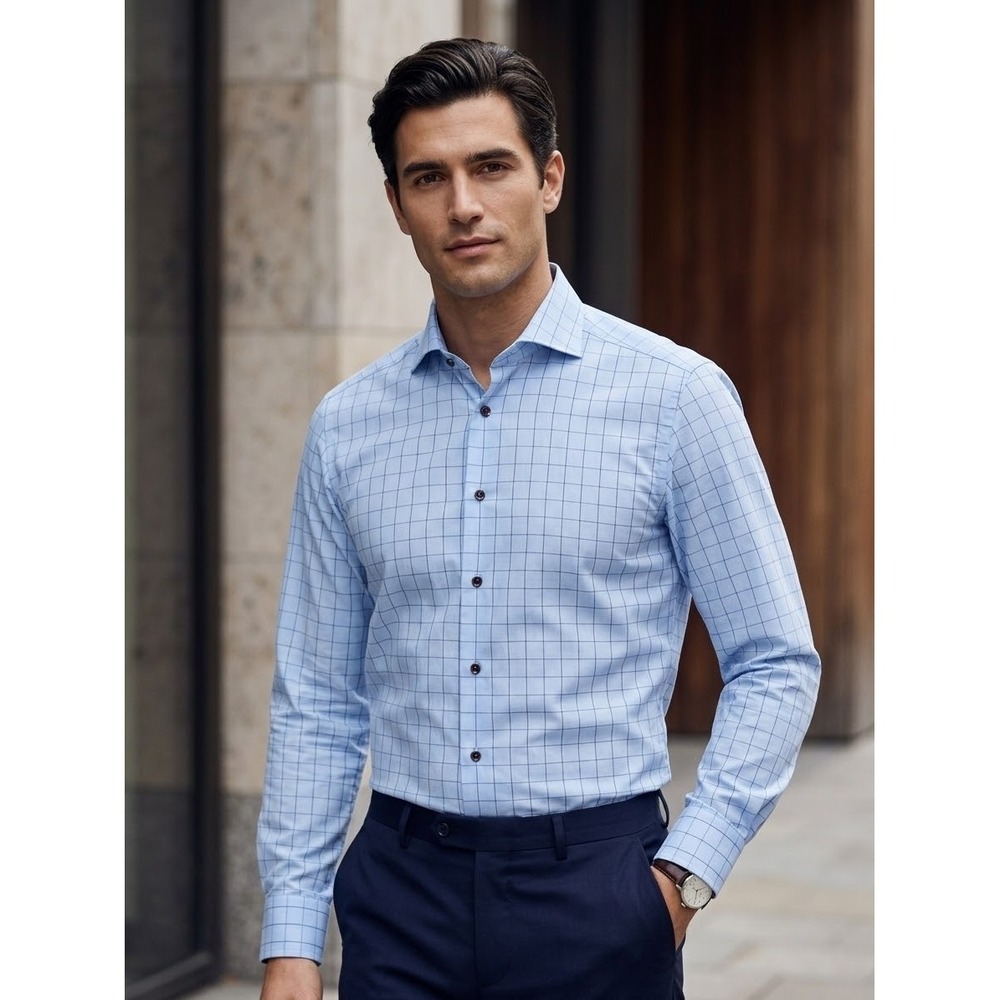 Eton Contemporary Fit Dress Shirt Light Blue Windowpane Check Cotton 16.5 42